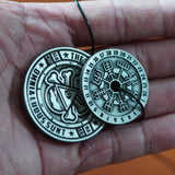 Vegvísir Compass Coin- Wearable, Stackable Mystery Decoder Wheel Dice Coin in Antique Silver