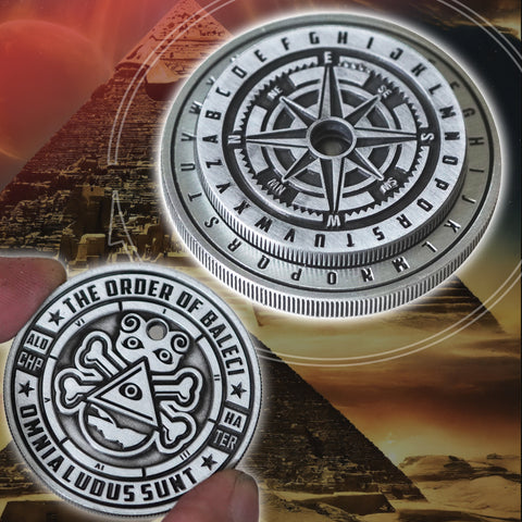 Caeser's Cipher Wheel Coin Set of 2, Spinnable, Wearable, Mystery Decoder Wheel Dice Coin in Antique Silver, Vegvísir Compass, Coin Necklace
