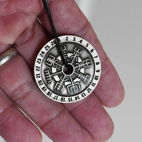Vegvísir Compass Coin- Wearable, Stackable Mystery Decoder Wheel Dice Coin in Antique Silver